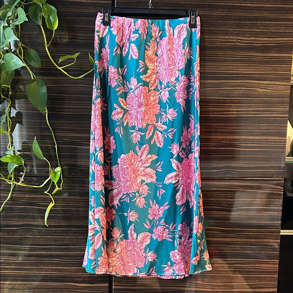 Anthropologie Able the Label Pink and Teal Floral Satin Maxi/midi Skirt